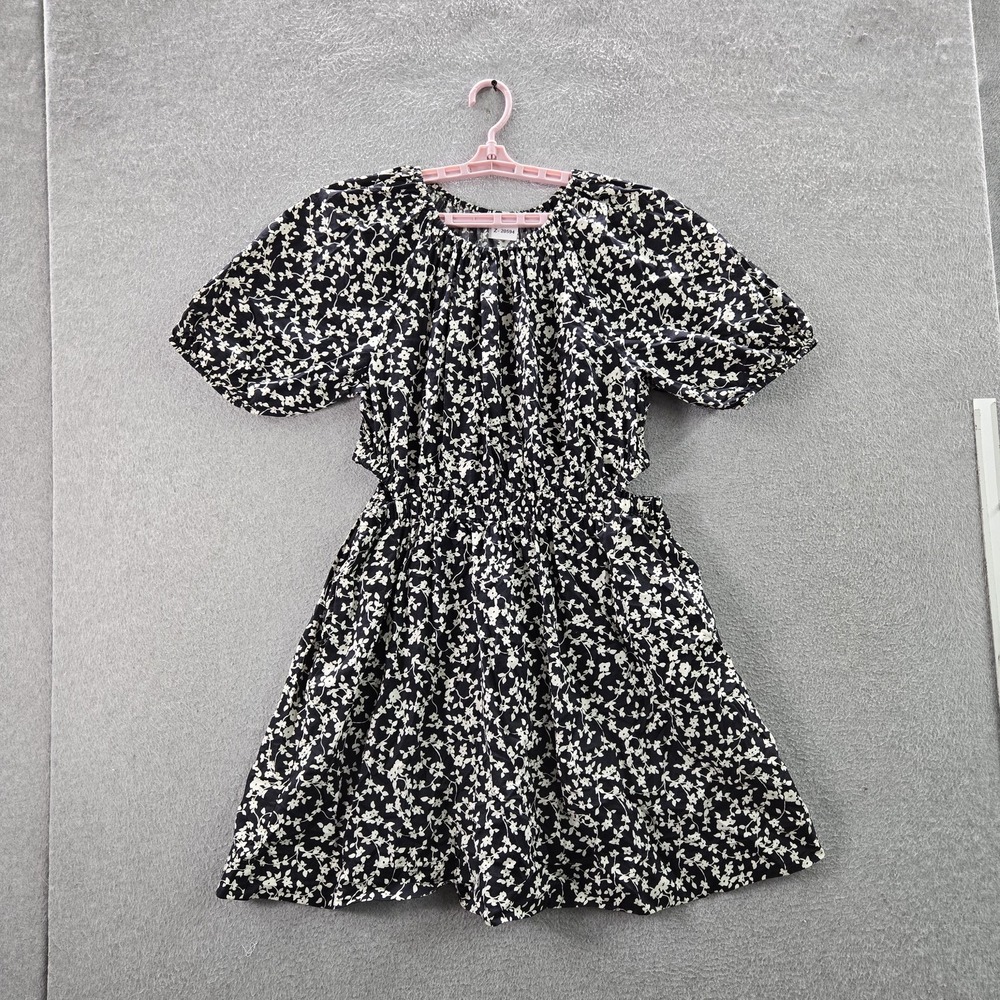 Old Navy Women Dress L Black Floral Fit & Flare Mini Short Sleeve